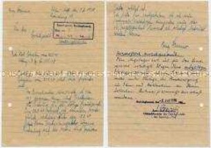 Handschriftliches Schreiben an das Spruchgericht Recklinghausen mit Rückantwort zur Verfahrensweise bei der Entnazifizierung - Personenkonvolut