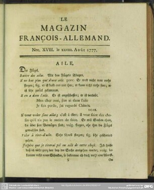 Nro. XVIII. le XXVIII. Août 1777
