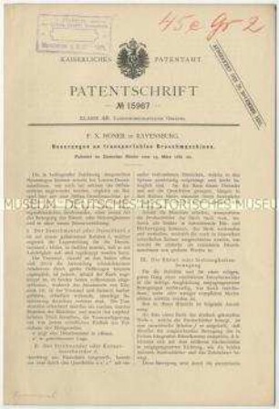 Patentschrift über Neuerungen an transportablen Dreschmaschinen, Patent-Nr. 15967