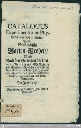 Catalogus Experimentorum Physicorum hortensium, ...