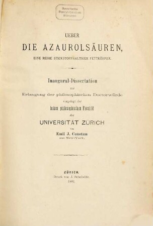Ueber die Azaurolsäuren, eine Reihe stickstoffhaltiger Fettkörper : Inaug. Diss. d. Univ. Zürich