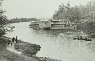 Personen-Seitenradmotorschiff "Karl Marx" auf der Elbe in Fahrt stromab vor der Pillnitzer Insel : Dresden-Pillnitz. Personen-Seitenradmotorschiff "Karl Marx" auf der Elbe in Fahrt stromab vor der Pillnitzer Insel