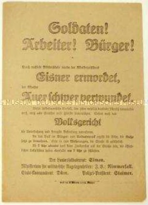 Bekanntmachung des Landessoldatenrates über die Ermordung des bayerischen Ministerpräsidenten Kurt Eisner und Verhängung einer Ausgangssperre