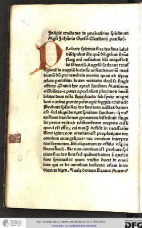 Incipit tractatus de probatione spiritum magistri Johannes Gerson, cancellarii Parisiensis.