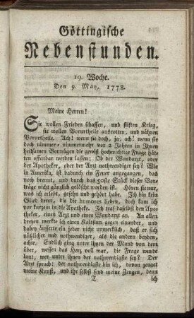 19. Woche. Den 9. May, 1778