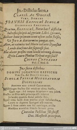 Jn. Disticha sacra Claris. Ac Doctis. Viri, Domini Joannis Keppichi Scholae