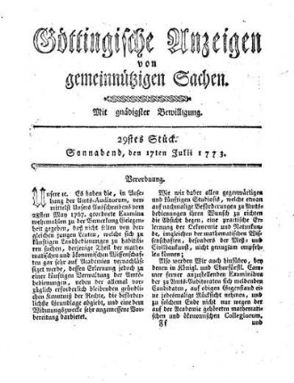 29stes Stück. Sonnabend, den 17ten Julii 1773.