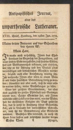 XVIII. Stück, Hamburg, den 29sten Jun. 1770