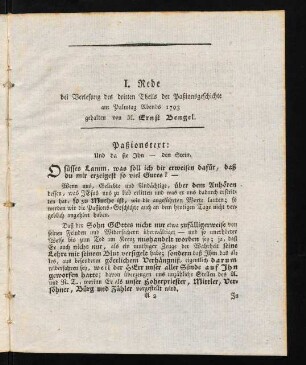 3-7, I. Rede bei Verlesung des dritten Theils der Paßionsgeschichte am Palmtag Abends 1793 gehalten von M. Ernst Bengel.
