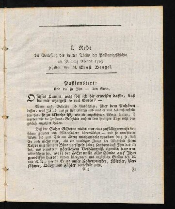 3-7, I. Rede bei Verlesung des dritten Theils der Paßionsgeschichte am Palmtag Abends 1793 gehalten von M. Ernst Bengel.