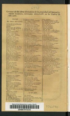 Catálogo de las obras dramáticas de la propiedad del Círculo Literario Comercial, estrenadas últimamente en los teatros de esta corte