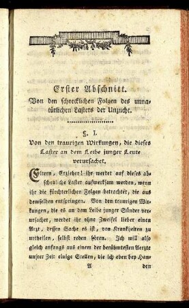 Erster Abschnitt. Von den schrecklichen Folgen des unnatürlichen Lasters der Unzucht.