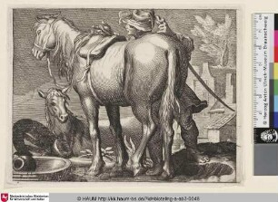 [Pferd im Zentrum des Bildes, dahinter ein Bauer, ein weiteres liegendes Pferd im Hintergrund; Horses]
