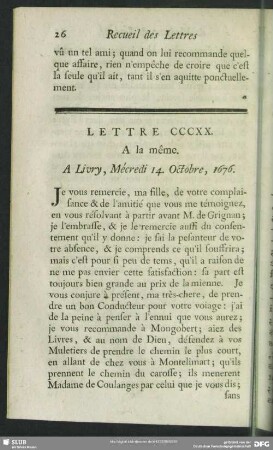 Lettre CCCXX. A la même. A Livry, Mécredi 14. Octobre, 1676