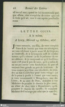 Lettre CCCXX. A la même. A Livry, Mécredi 14. Octobre, 1676
