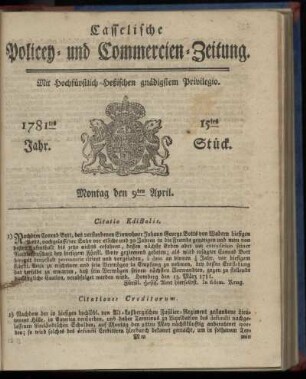 1781tes Jahr. 15tes Stück. Montag den 9ten April