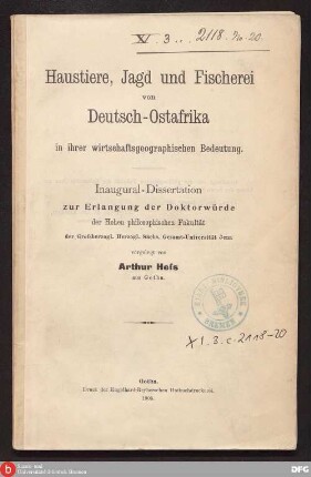 Haustiere, Jagd und Fischerei von Deutsch-Ostafrika in ihrer wirtschaftsgeographischen Bedeutung