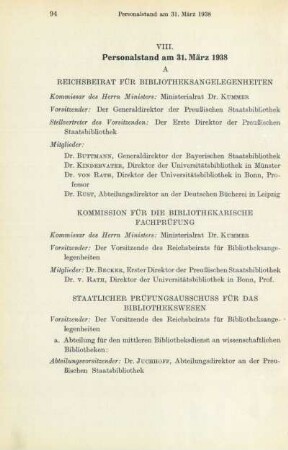 VIII. Personalstand am 31. März 1938