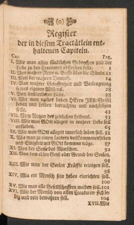 Register der in diesem Tractätlein enthaltenen Capiteln.