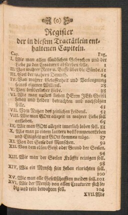 Register der in diesem Tractätlein enthaltenen Capiteln.
