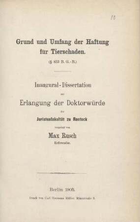 Grund und Umfang der Haftung für Tierschaden : (§ 833 B.G.-B.)
