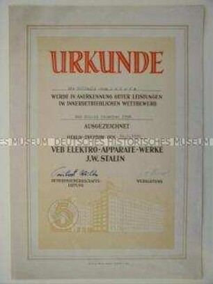Urkunde in Anerkennung guter Leistungen im innerbetrieblichen Wettbewerb