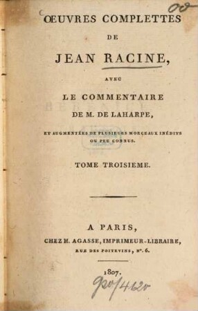 Oeuvres complètes de Jean Racine. 3. Bérénice. Mithridate. - 412 S.