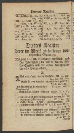 Drittes Register derer im Werck enthaltenen vornehmsten Materien