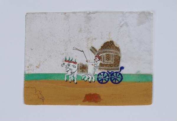Gouache on mica with the depiction of a covered oxcart