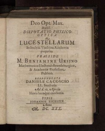 Disputatio Physico-Optica de Luce Stellarum In Inclyta Viadrina Academia proposita