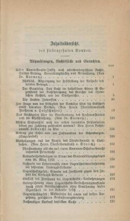 Inhaltsübersicht des siebenzehnten Bandes