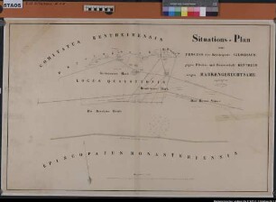 Situationsplan zum Prozess des Kirchspiels Gildehaus gegen Flecken und Bauerschaft Bentheim wegen Markengerechtsame. Strittiger Teil der Mark südlich Sieringhoek und Bentheim bis zur Grenze des "episcopatus Monasteriensis" (also ältere Vorlage): Die Brechter Heide, das Doese Venne. Höfe in Sieringhoek und Bentheim mit Namen. Bauerschaftsgrenze zwischen Sieringhoek und Bentheim. Die älteren von Bentheim und Münster beanspruchten Grenzlinien Aus: Obergericht Meppen: Gildehaus gegen Bentheim, ad B Nr. 123 Ausf.-Art: Farbige Zeichnung Herst.: J.F.A. Meier Format: 61 x 95 cm Maßstab: 1 : 11636