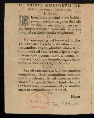 De Tribus Morborum Generibus erorumque differentiis.