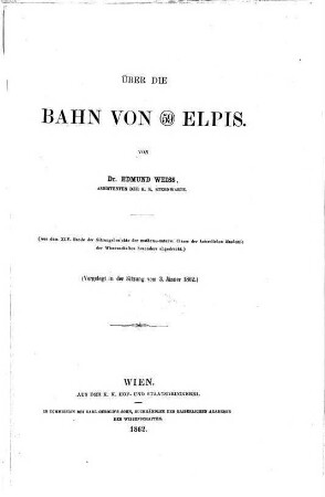 Über die Bahn von 59 Elpis : vorgelegt in der Sitzung vom 3. Jänner 1862