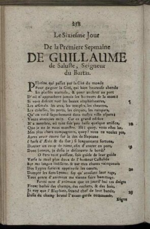Le Sixiesme Jour De la Premiere Sepmaine De Guillaume de Saluste, Seigneur du Bartas = Der Sechste Tag Der Ersten Woche, Wilhelms von Saluste, Herren zu Bartas