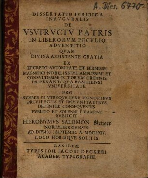 Dissertatio Iuridica Inauguralis De Usufructu Patris In Liberorum Peculio Adventitio
