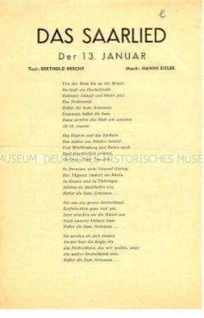 Text-Noten-Blatt mit einem Lied zur Saarabstimmung von Bertolt Brecht und Hanns Eisler
