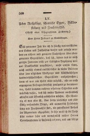 LV. Ueber Reißpflüge, schottische Eggen, Feldbestellung und Fruchtwechsel