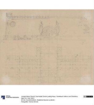 Darmstadt, Ernst-Ludwig-Haus, Vorentwurf, Aufriss und Grundriss