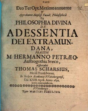 Ex philosophia divina, de adessentia Dei extramundana