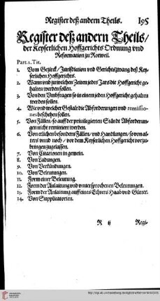 Register deß andern Theils der Keyserlichen Hoffgerichts Ordnung