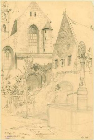 Überlingen Westfassade Münster mit Röhrenbrunnen