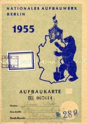 Nachweiskarte des Nationalen Aufbauwerkes über geleistete Arbeitsstunden