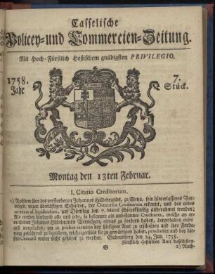 7. Stueck, Montag den 13ten Februar 1758