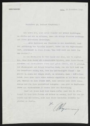 Brief von Gustav Kapsreiter an Gerhart Hauptmann