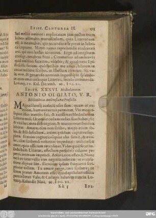 Epist. XXXVI. Mediolanum. Antontio Olgiato, V. R. Bibliothecae Ambrosianae Profecto.