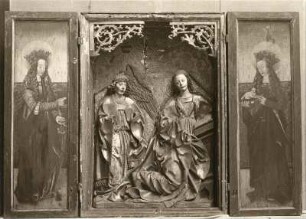 Flügelaltar aus Niedercrinitz : Flügelaltar aus Niedercrinitz. Holz, geschnitzt, gefaßt, bemalt ; 0,90 x 0,70 m (Schrein) (um 1515; P. Breuer). Freiberg: Stadt- und Bergbaumuseum