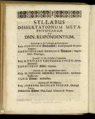 Syllabus Dissertationum Metaphysicarum Et Dnn. Respondentium