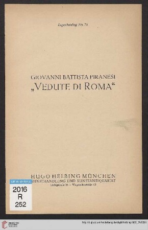 Nr. 74: Lager-Katalog: Giovanni Battista Piranesi "Vedute di Roma"