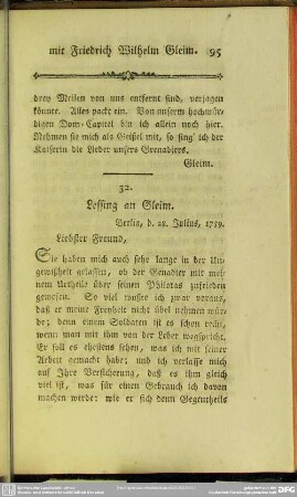32. Lessing an Gleim. Berlin, den 28. Julius 1759